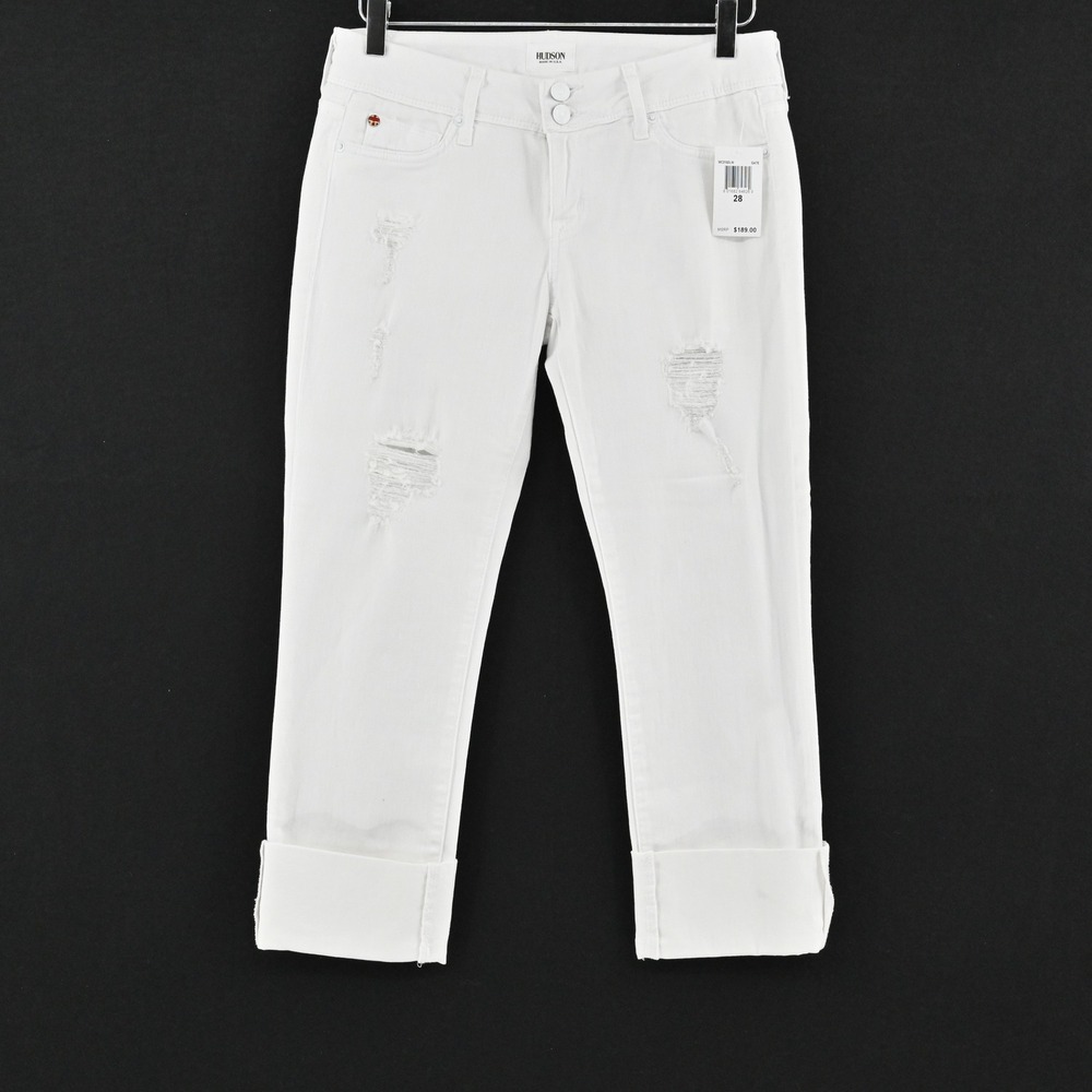 Hudson Ginny Crop Straight Cuffed Jeans Womens Size 28 White Distressed Cotton‎